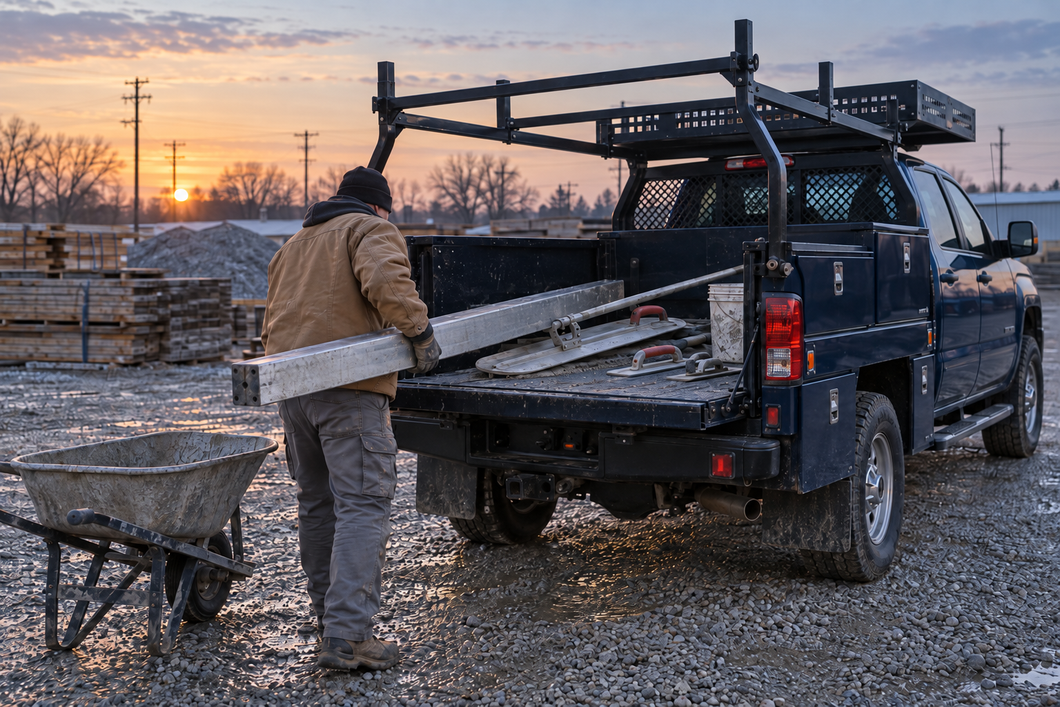 Concrete finishing tools being lifted out of the bed of a navy pickup in a gravel yard at dawn