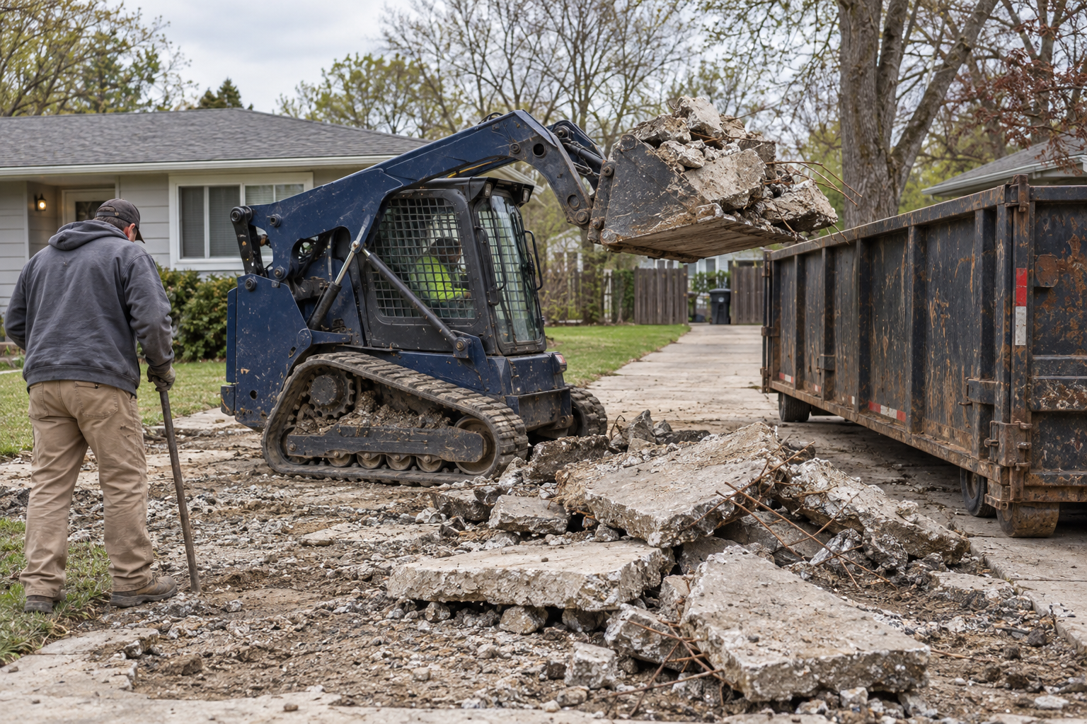 A skid steer lifting broken slabs from a torn-out concrete driveway into a dumpster