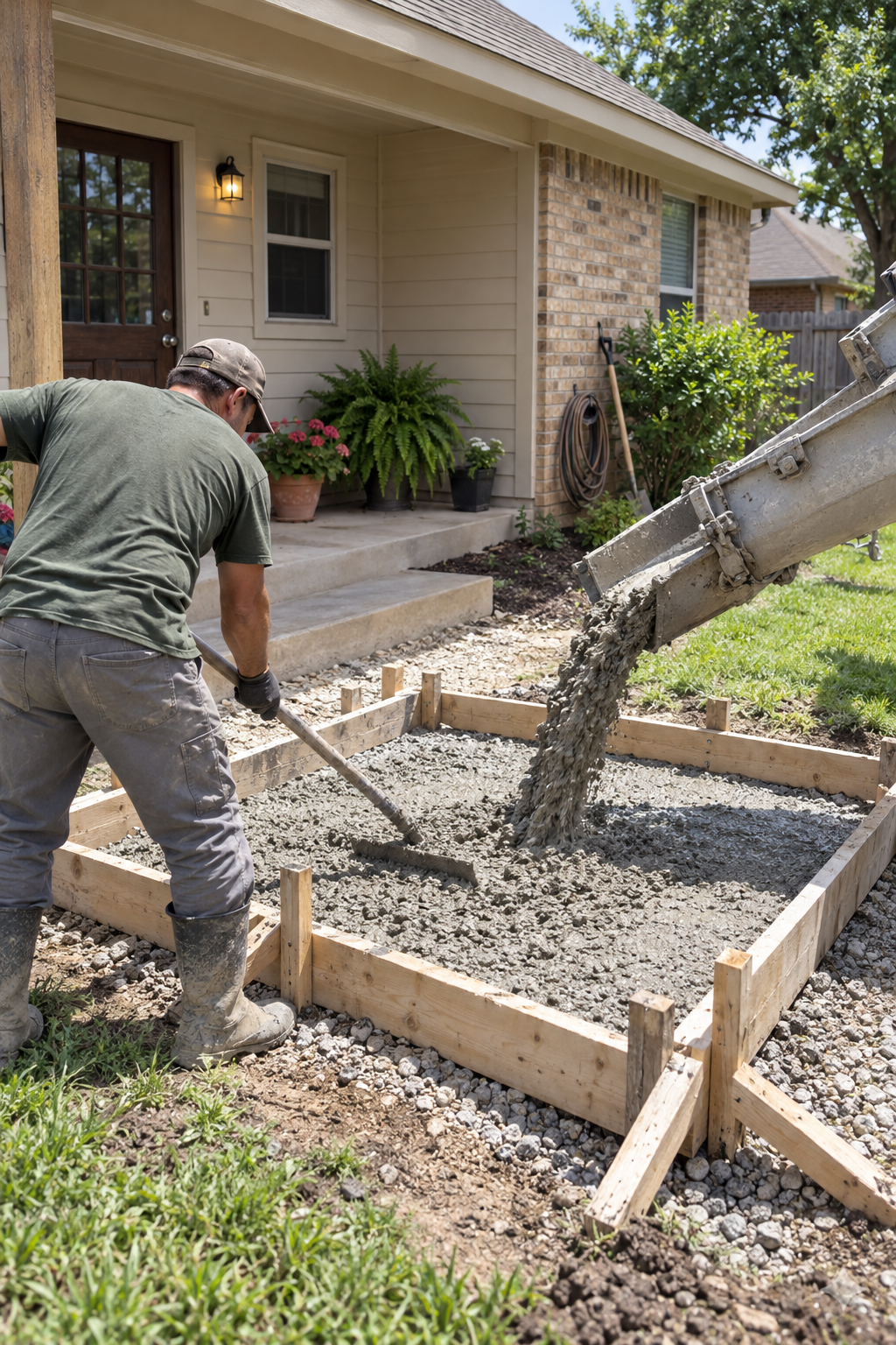 A ready-mix chute pouring concrete into a small patio form behind a house