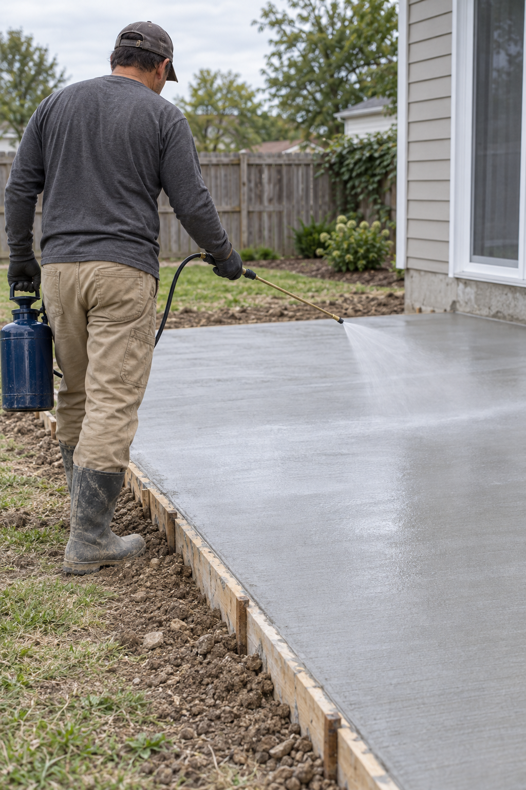 A worker misting curing compound from a pump sprayer over a freshly finished concrete patio slab