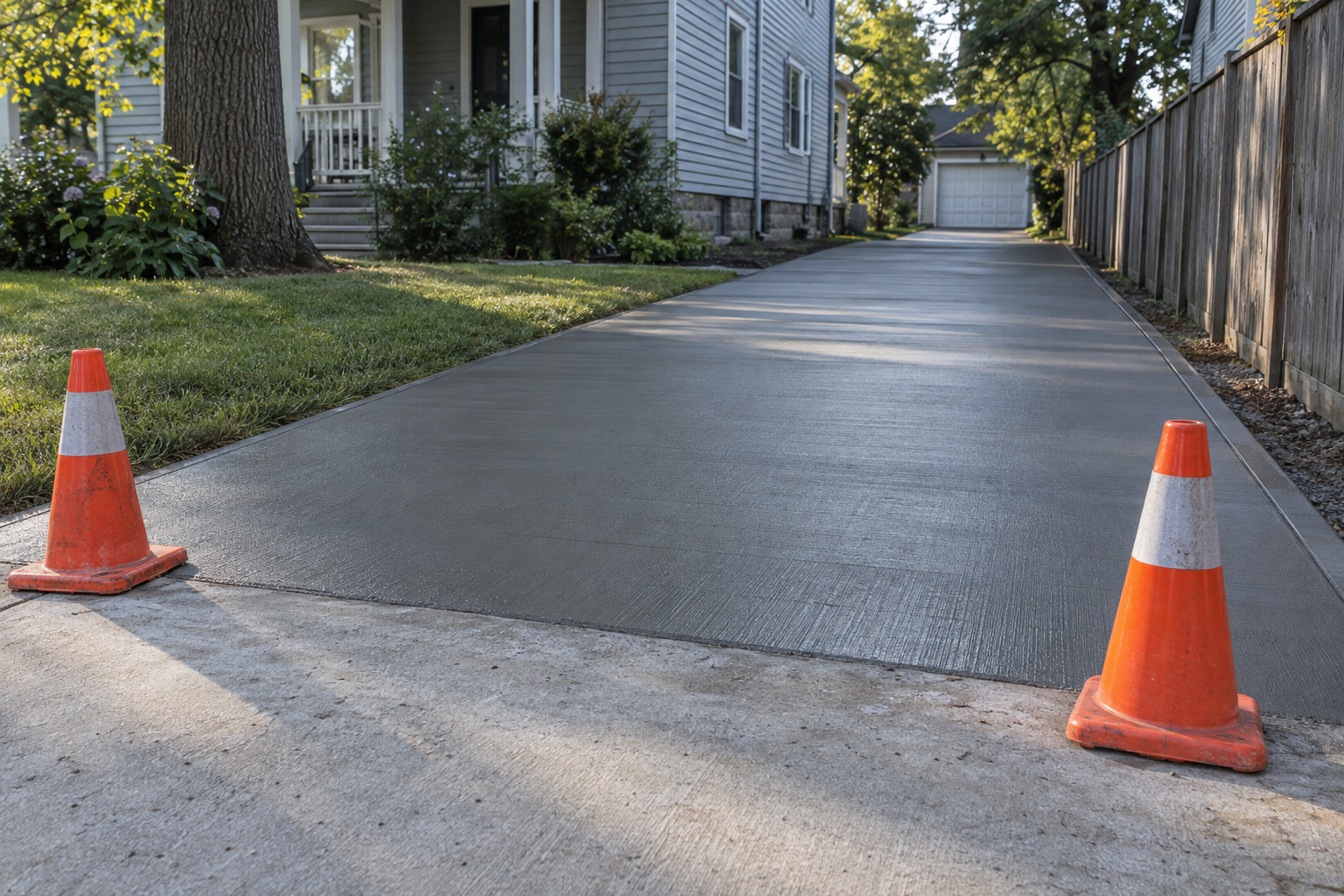A freshly poured concrete driveway slab, still dark and damp, with traffic cones keeping cars off it