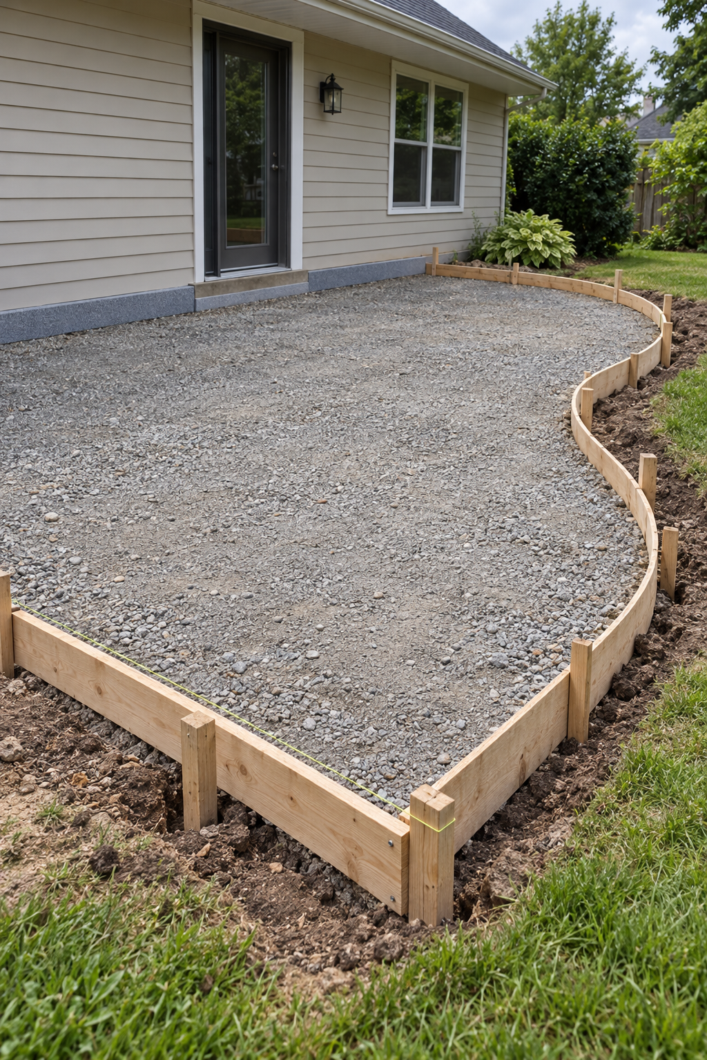 Wood and flexible forms staked over a compacted gravel base for a patio with a curved corner