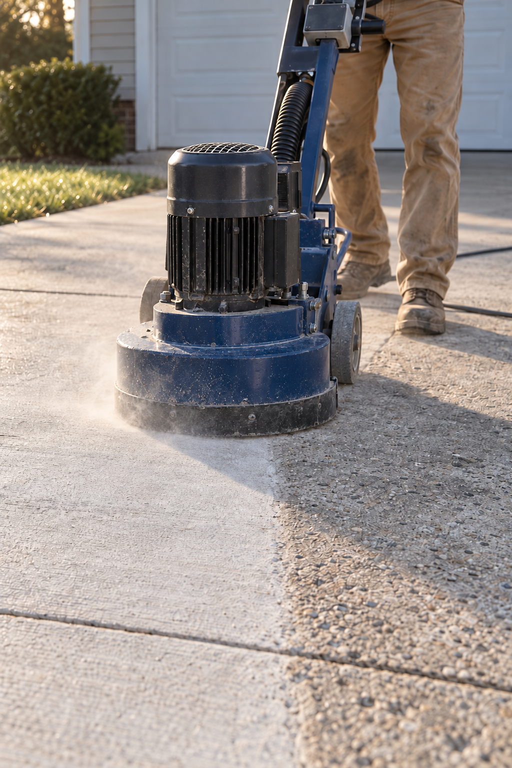 Walk-behind grinder profiling an old driveway before concrete resurfacing