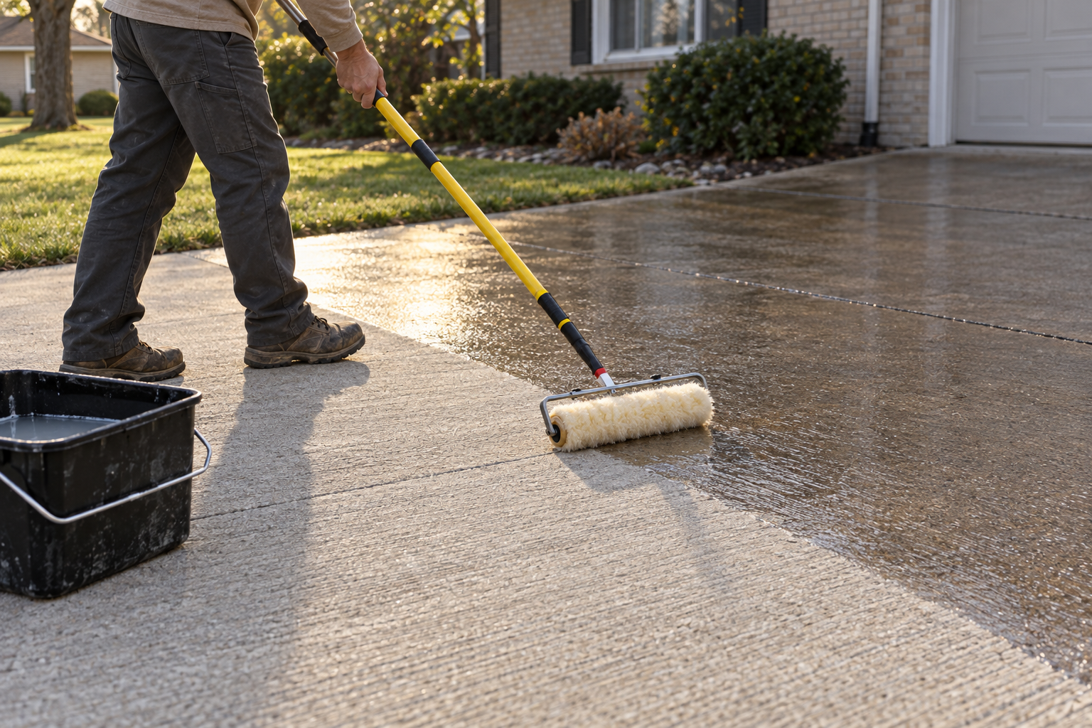 sealing concrete on a clean driveway