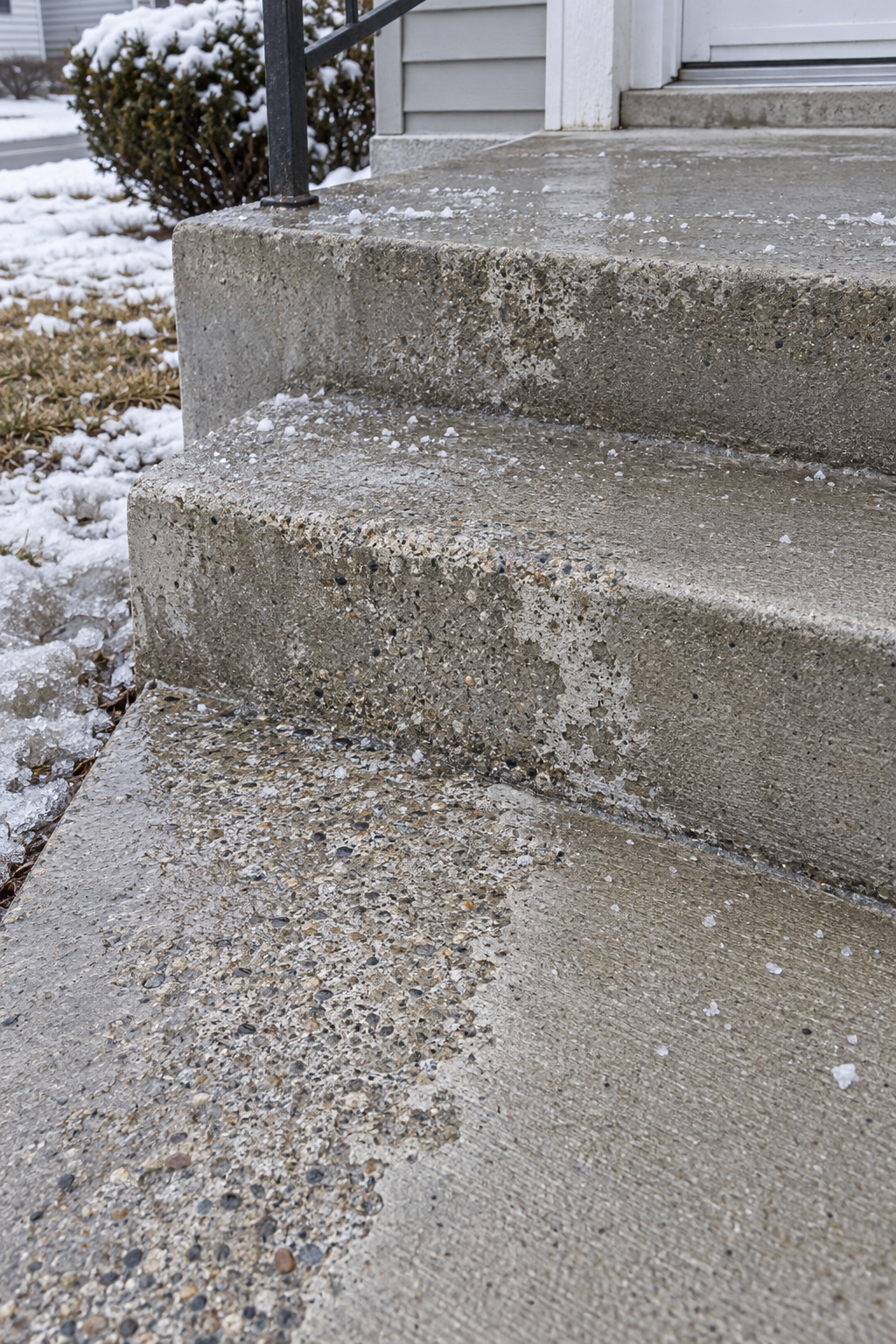 Close view of a concrete step whose top layer has flaked away in patches beside scattered de-icing salt