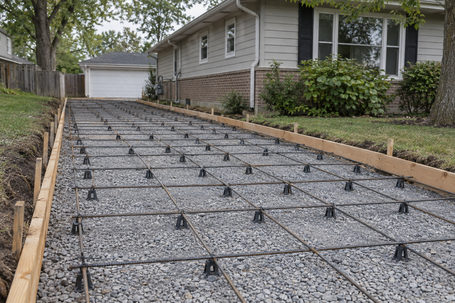 A driveway formed for a concrete pour, with rebar raised on chairs over a compacted gravel base