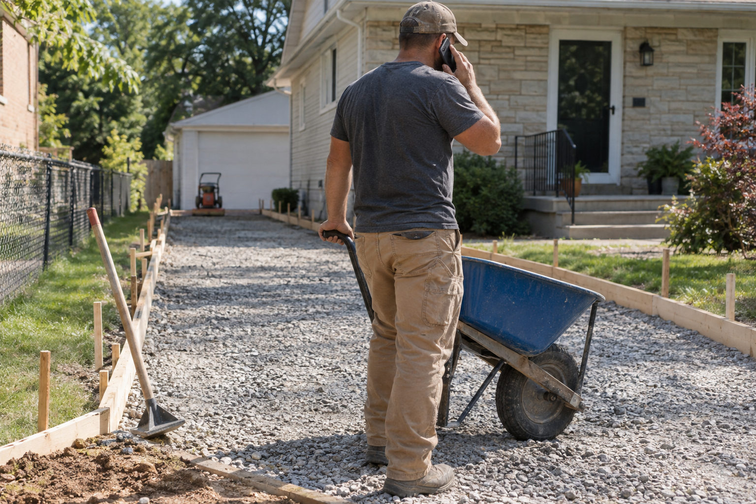 A concrete worker pausing on a driveway job to take a phone call beside the forms and a wheelbarrow