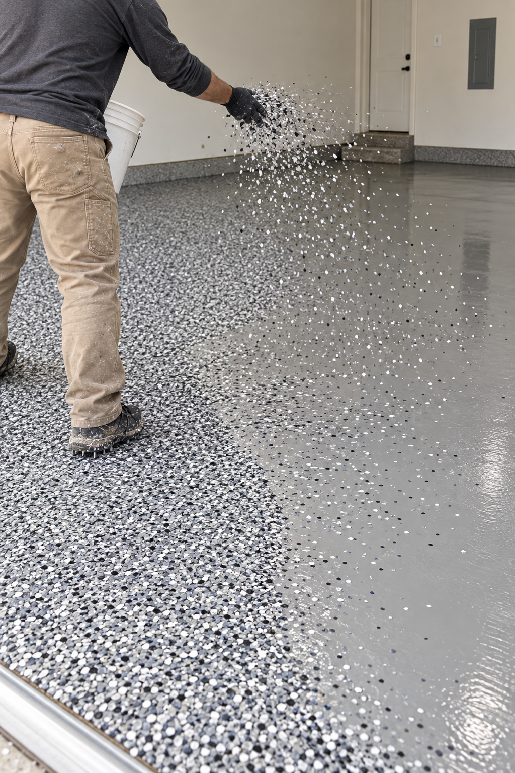 Decorative flakes being broadcast by hand onto a wet gray base coat on a garage floor