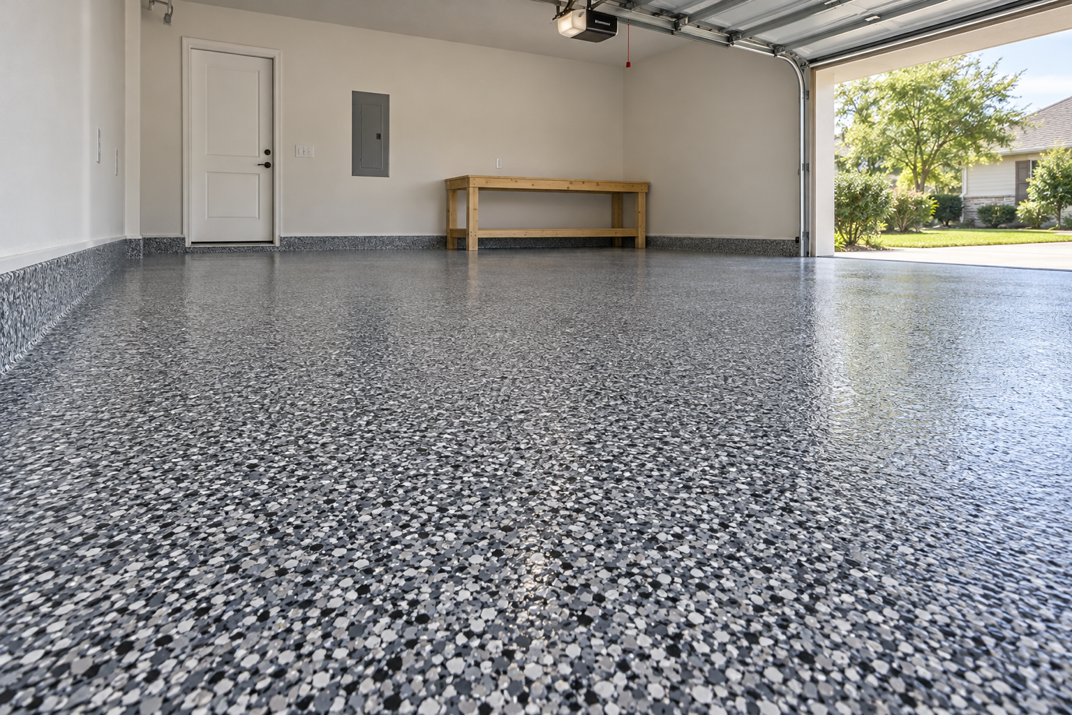 garage floor coating contractors laying a flake floor in Kenosha