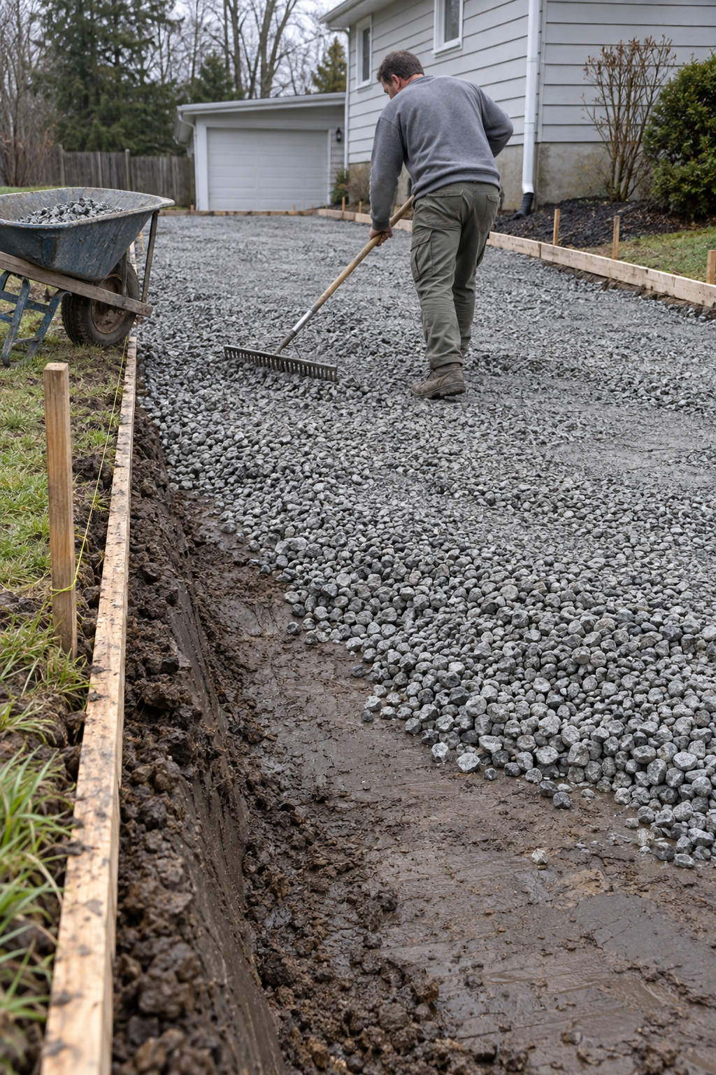 A worker raking crushed gravel over dark clay inside driveway forms before a concrete pour