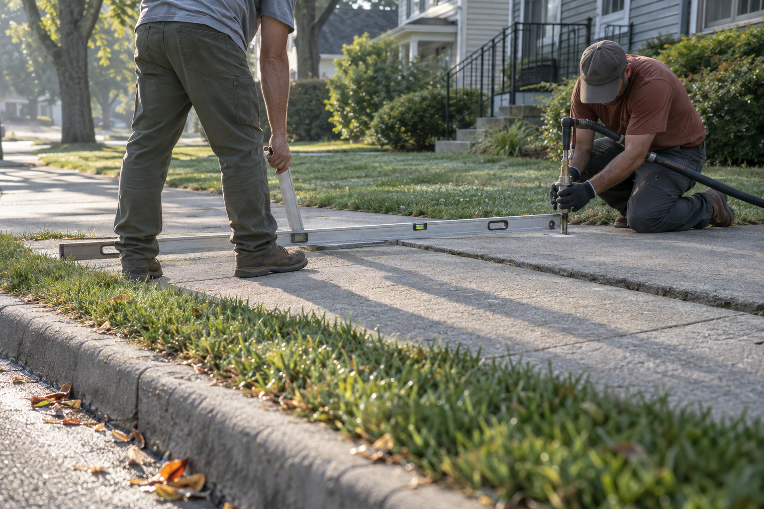 Concrete contractors lifting a sunken public sidewalk panel with foam pumped through a drilled hole, beside a grass terrace strip and the street curb