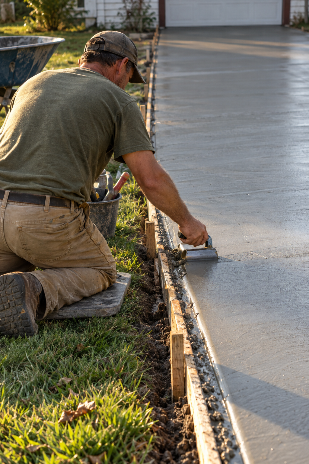 concrete contractors finishing a driveway in Salem Lakes