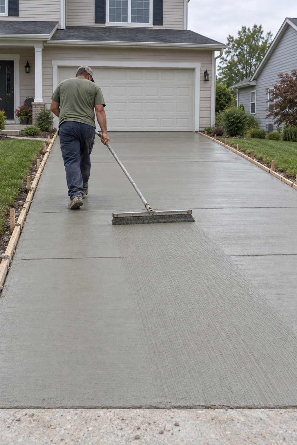 concrete contractors finishing a driveway in Somers