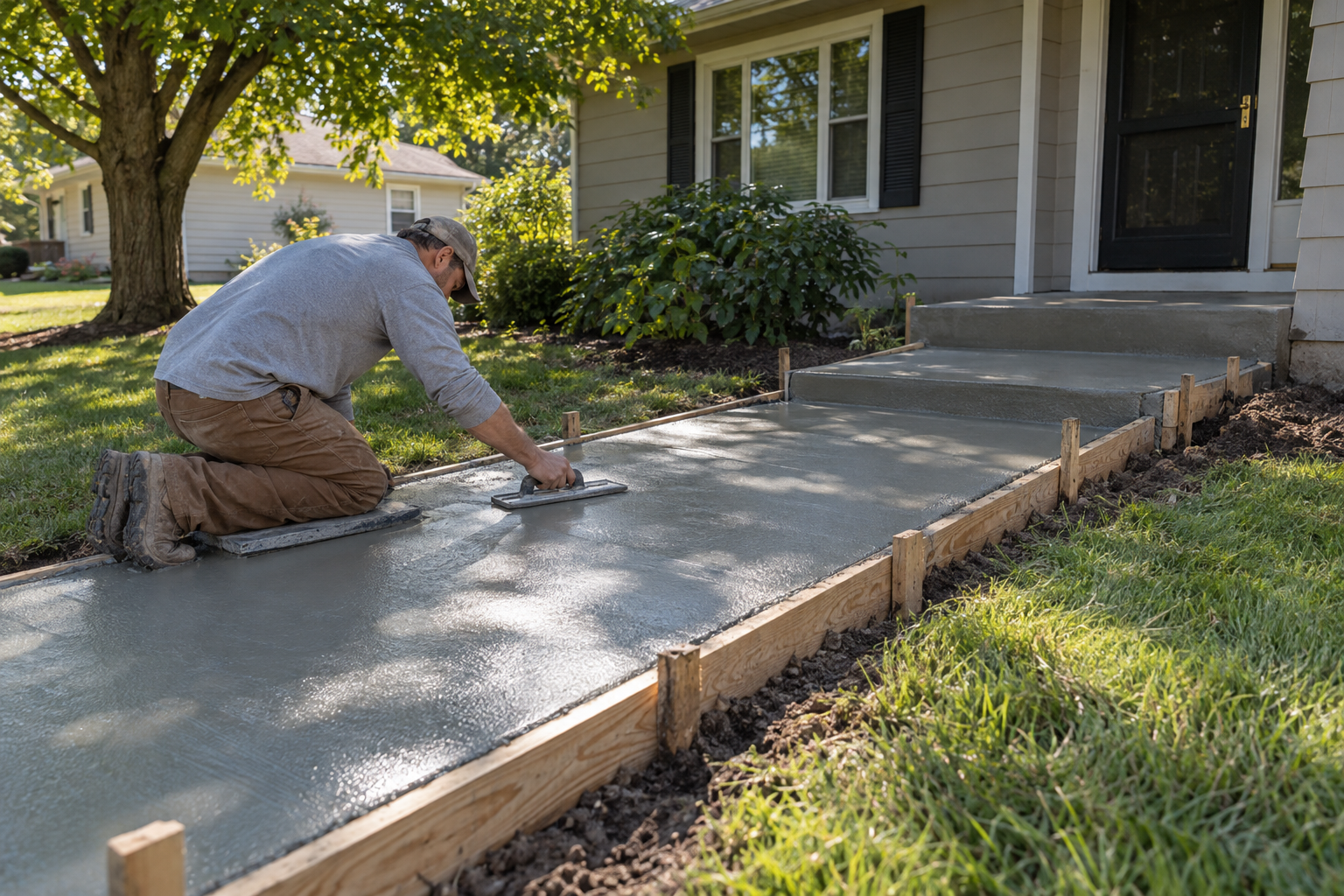 A worker hand-floating a freshly poured concrete front walk and stoop under a sugar maple at a ranch house