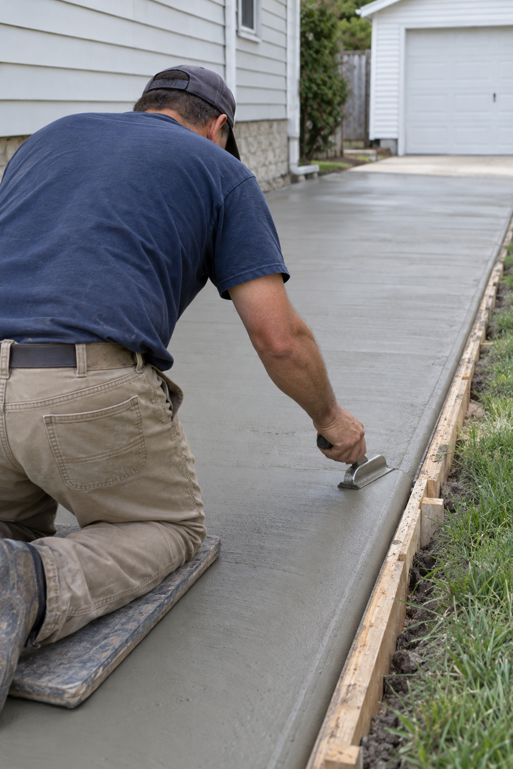 concrete contractors finishing a driveway in Sturtevant