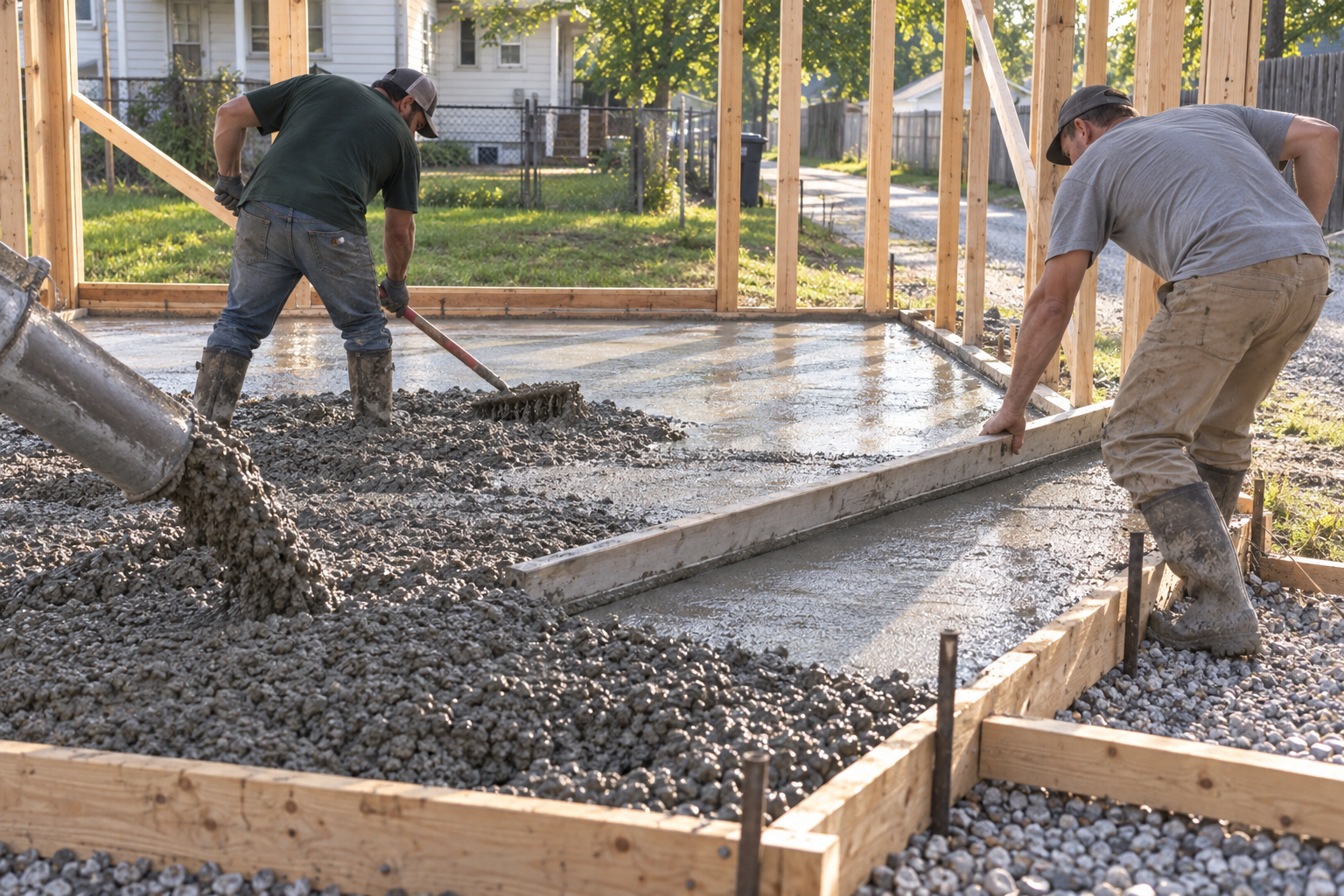 Concrete workers screeding a fresh garage slab between wood forms at the back of a lot off a gravel alley