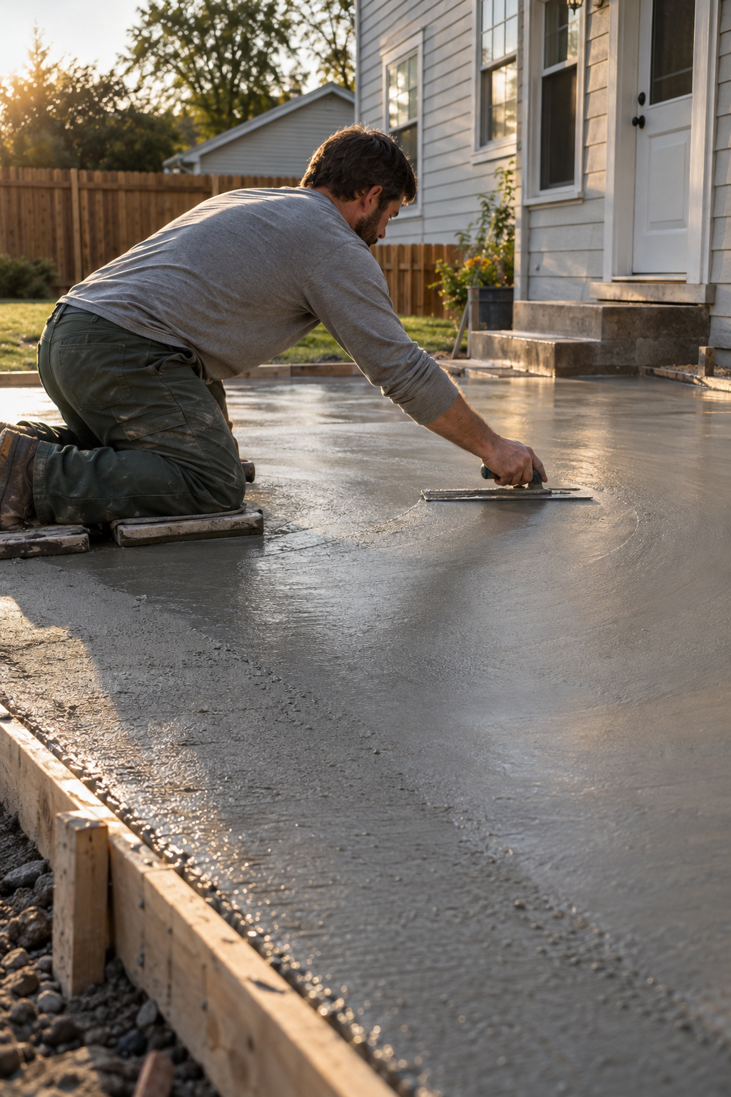 Concrete contractors hand-troweling a fresh patio slab from knee boards