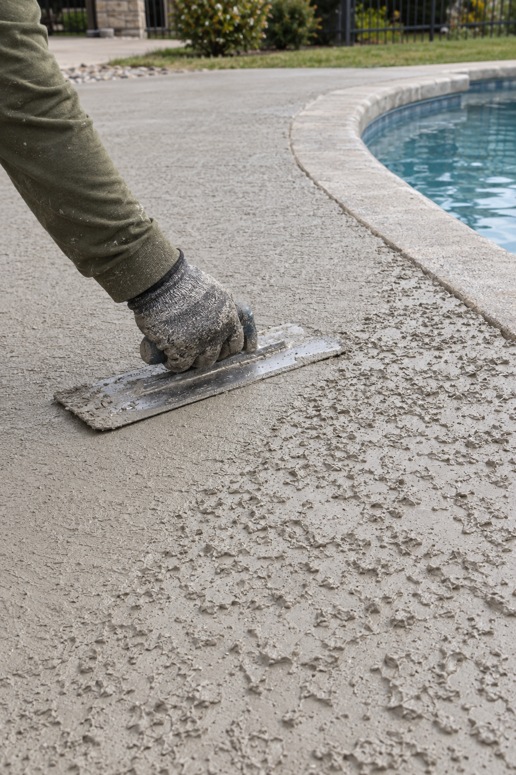 Trowel flattening a fresh textured cement overlay beside a pool's coping edge
