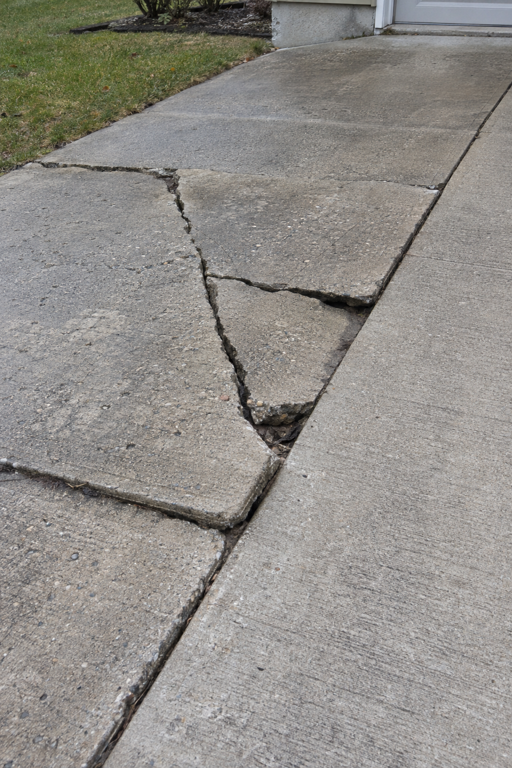 damaged concrete driveway slab beside a sound section