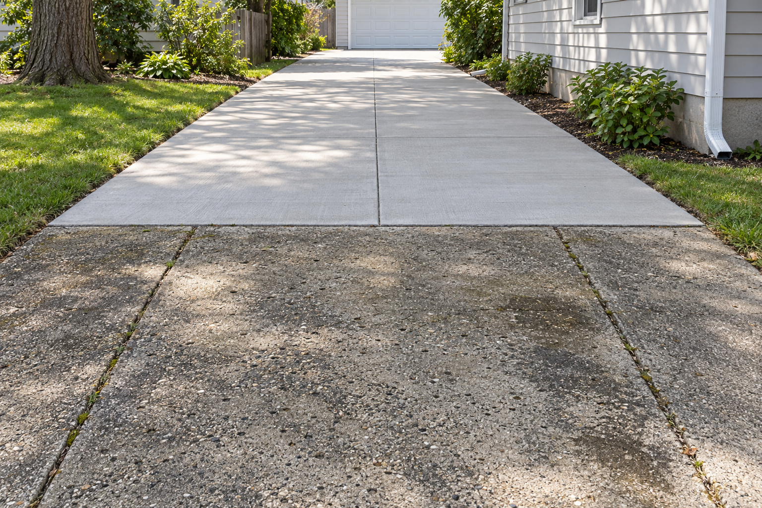 A driveway with old scaled concrete panels beside newly poured broom-finished panels