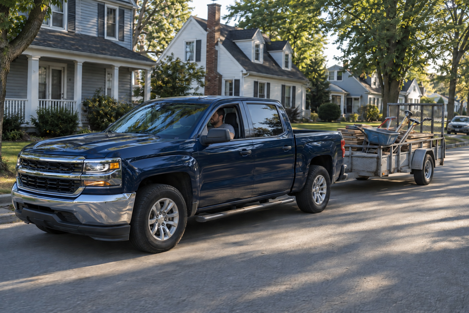 A pickup towing a trailer of concrete form boards and tools down a residential street lined with older frame houses