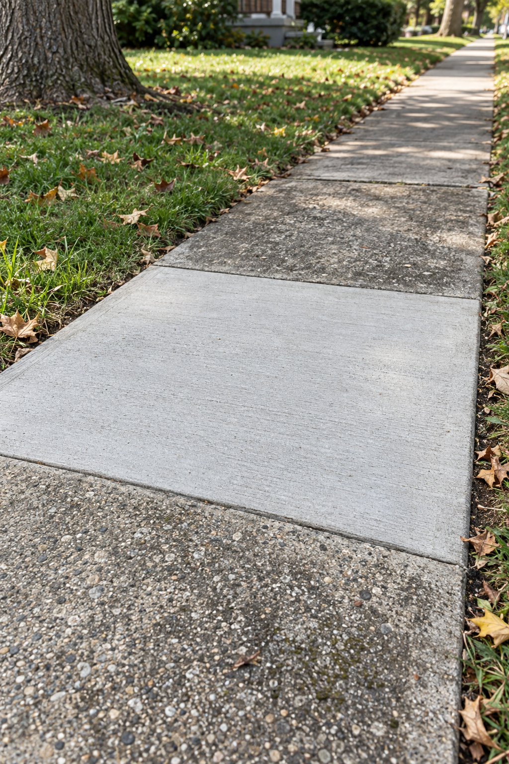 A new broom-finished panel from a sidewalk repair, sitting flush between older, weathered panels